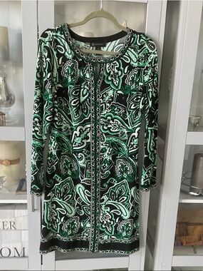 INC International Concepts Black and Green Paisley Long-Sleeve Dress
